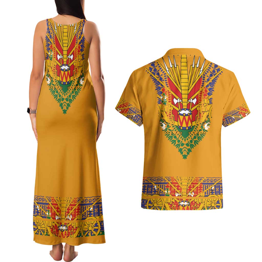 Haiti Flag Traditional Dashiki Couples Matching Tank Maxi Dress and Hawaiian Shirt Yellow Color - Polynesian Pride