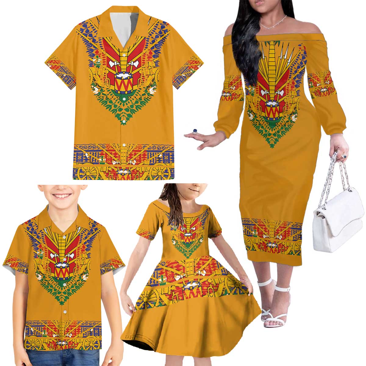Haiti Flag Traditional Dashiki Family Matching Off The Shoulder Long Sleeve Dress and Hawaiian Shirt Yellow Color - Polynesian Pride