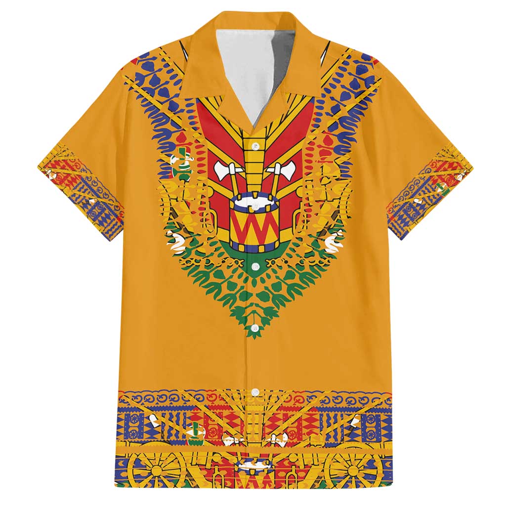 Haiti Flag Traditional Dashiki Family Matching Off Shoulder Short Dress and Hawaiian Shirt Yellow Color - Polynesian Pride