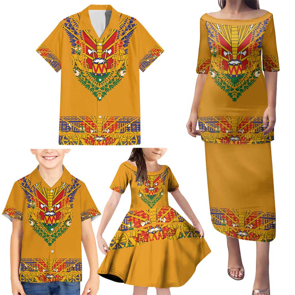 Haiti Flag Traditional Dashiki Family Matching Puletasi and Hawaiian Shirt Yellow Color - Polynesian Pride