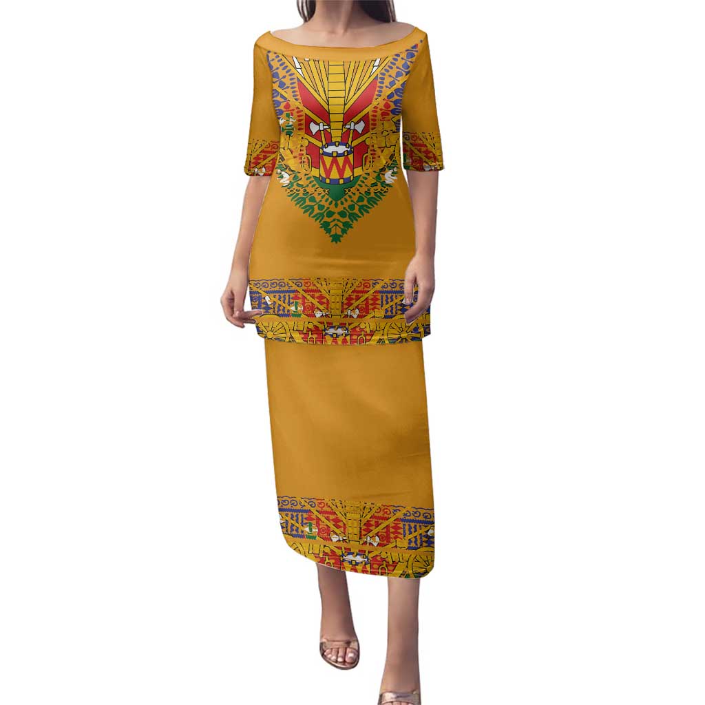 Haiti Flag Traditional Dashiki Family Matching Puletasi and Hawaiian Shirt Yellow Color - Polynesian Pride