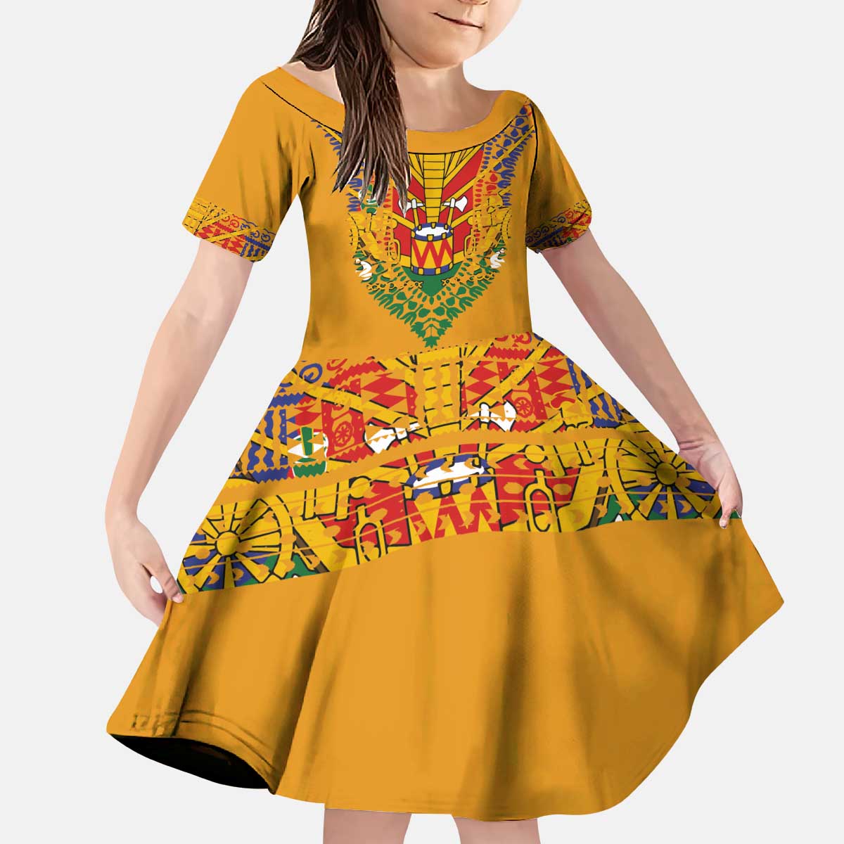 Haiti Flag Traditional Dashiki Kid Short Sleeve Dress Yellow Color - Polynesian Pride