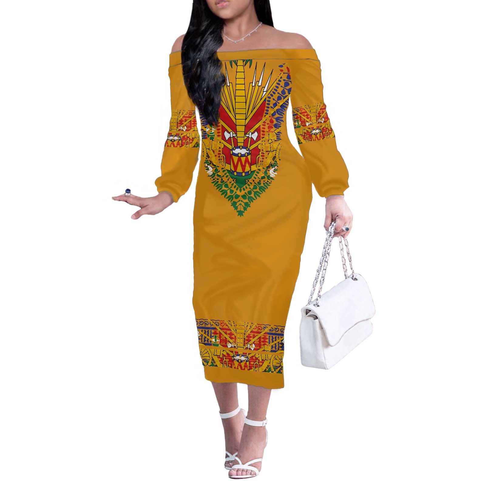 Haiti Flag Traditional Dashiki Off The Shoulder Long Sleeve Dress Yellow Color - Polynesian Pride