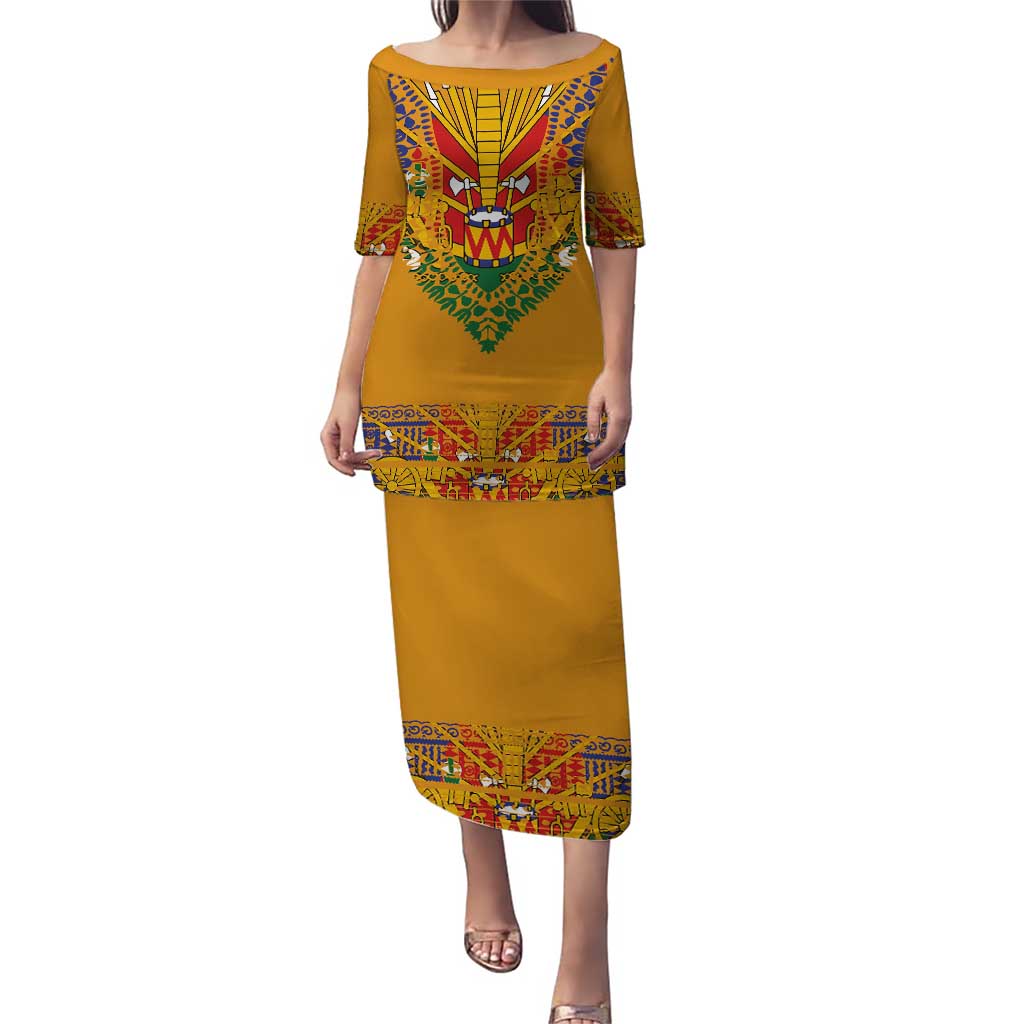 Haiti Flag Traditional Dashiki Puletasi Yellow Color - Polynesian Pride