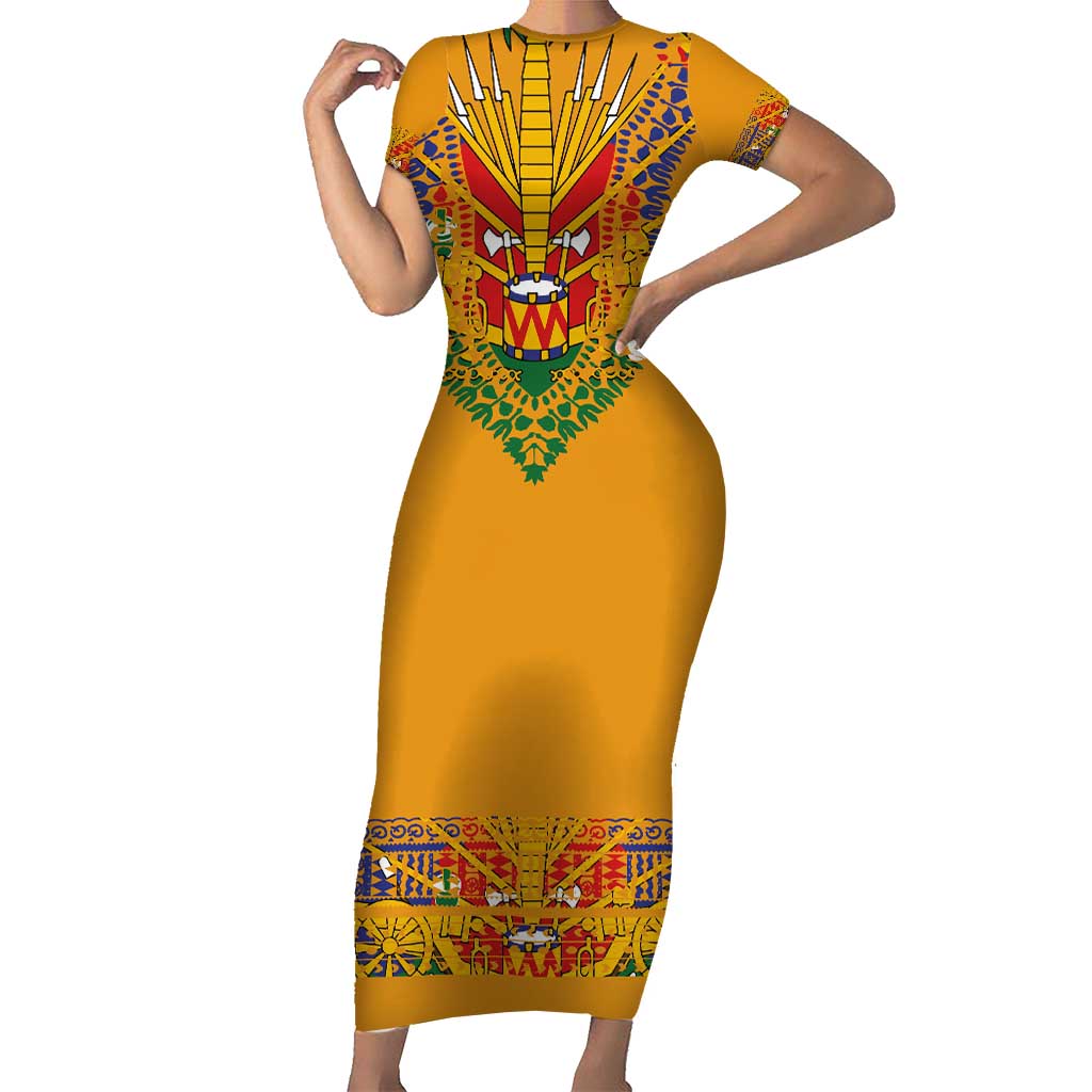 Haiti Flag Traditional Dashiki Short Sleeve Bodycon Dress Yellow Color - Polynesian Pride