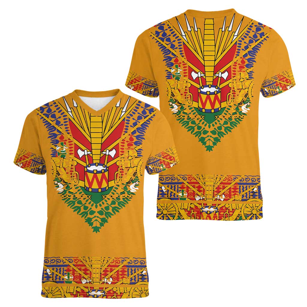 Haiti Flag Traditional Dashiki Women V-Neck T-Shirt Yellow Color - Polynesian Pride