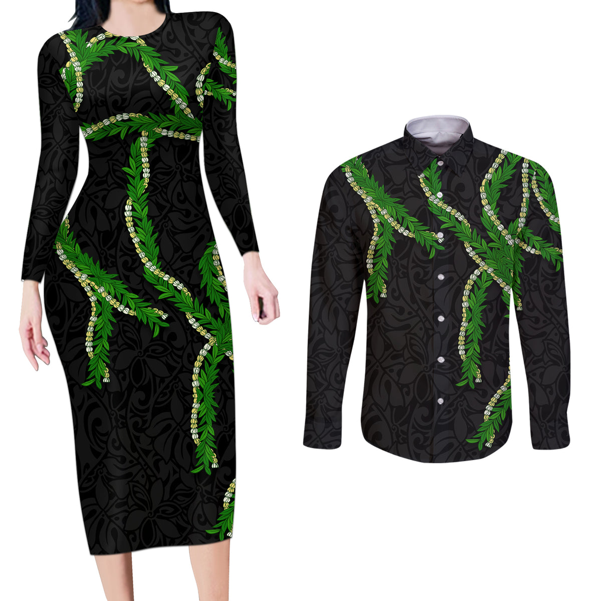 Hawaii Maile Lei Couples Matching Long Sleeve Bodycon Dress and Long Sleeve Button Shirt Aloha Black Color LT03 Black - Polynesian Pride