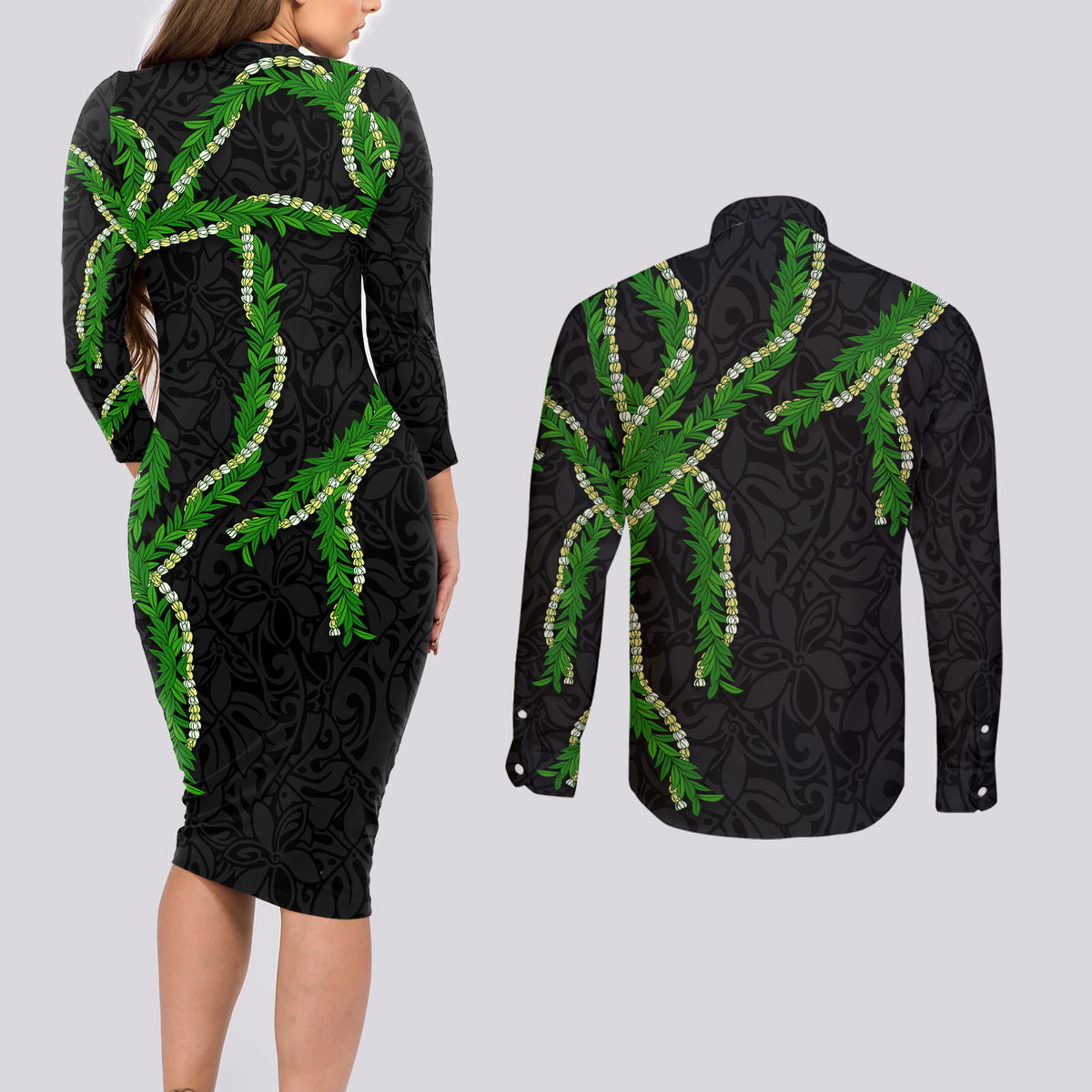Hawaii Maile Lei Couples Matching Long Sleeve Bodycon Dress and Long Sleeve Button Shirt Aloha Black Color LT03 - Polynesian Pride
