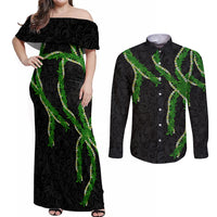 Hawaii Maile Lei Couples Matching Off Shoulder Maxi Dress and Long Sleeve Button Shirt Aloha Black Color LT03 Black - Polynesian Pride