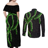 Hawaii Maile Lei Couples Matching Off Shoulder Maxi Dress and Long Sleeve Button Shirt Aloha Black Color LT03 - Polynesian Pride