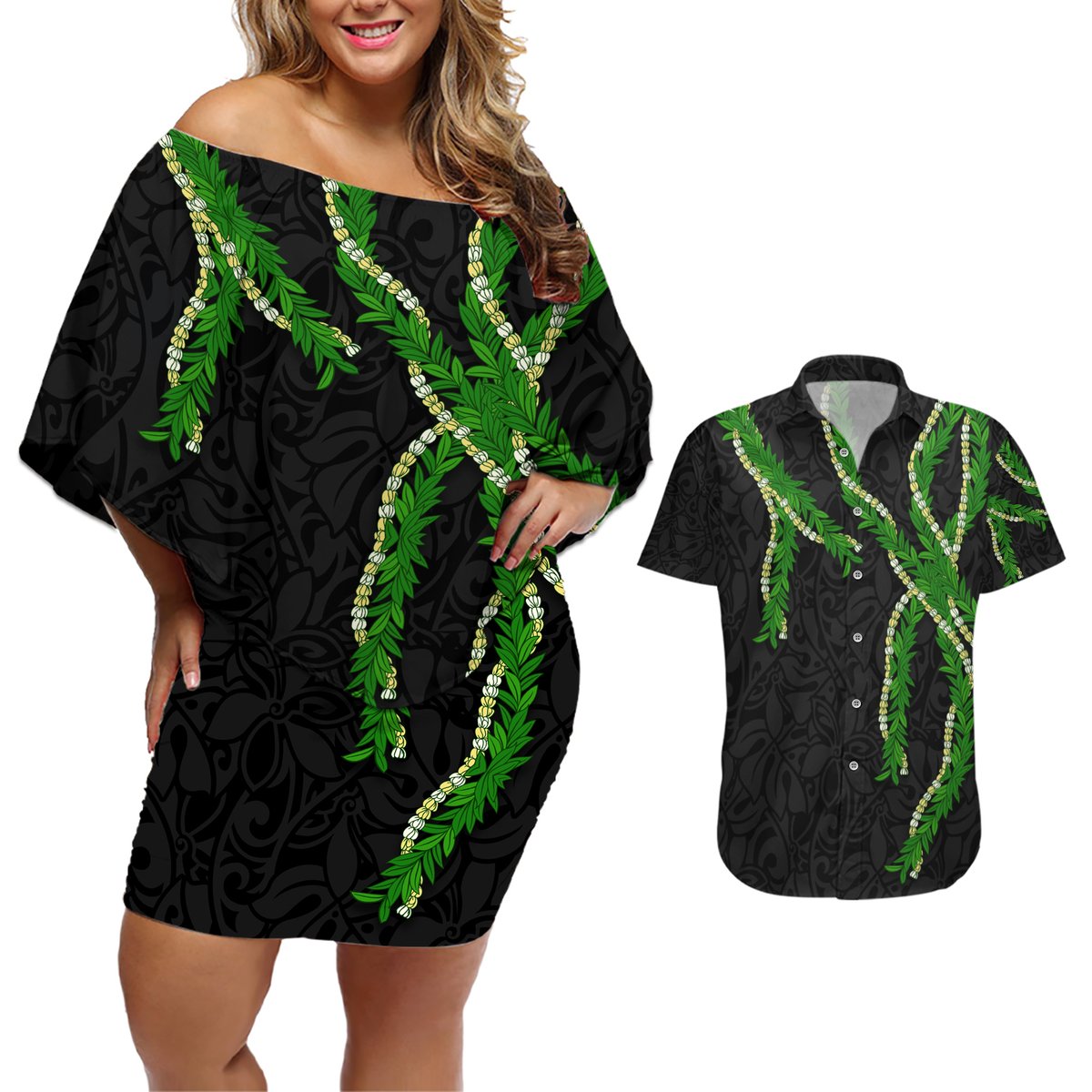 Hawaii Maile Lei Couples Matching Off Shoulder Short Dress and Hawaiian Shirt Aloha Black Color LT03 Black - Polynesian Pride