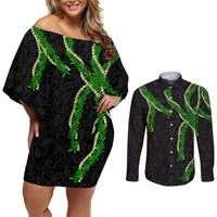 Hawaii Maile Lei Couples Matching Off Shoulder Short Dress and Long Sleeve Button Shirt Aloha Black Color LT03 Black - Polynesian Pride