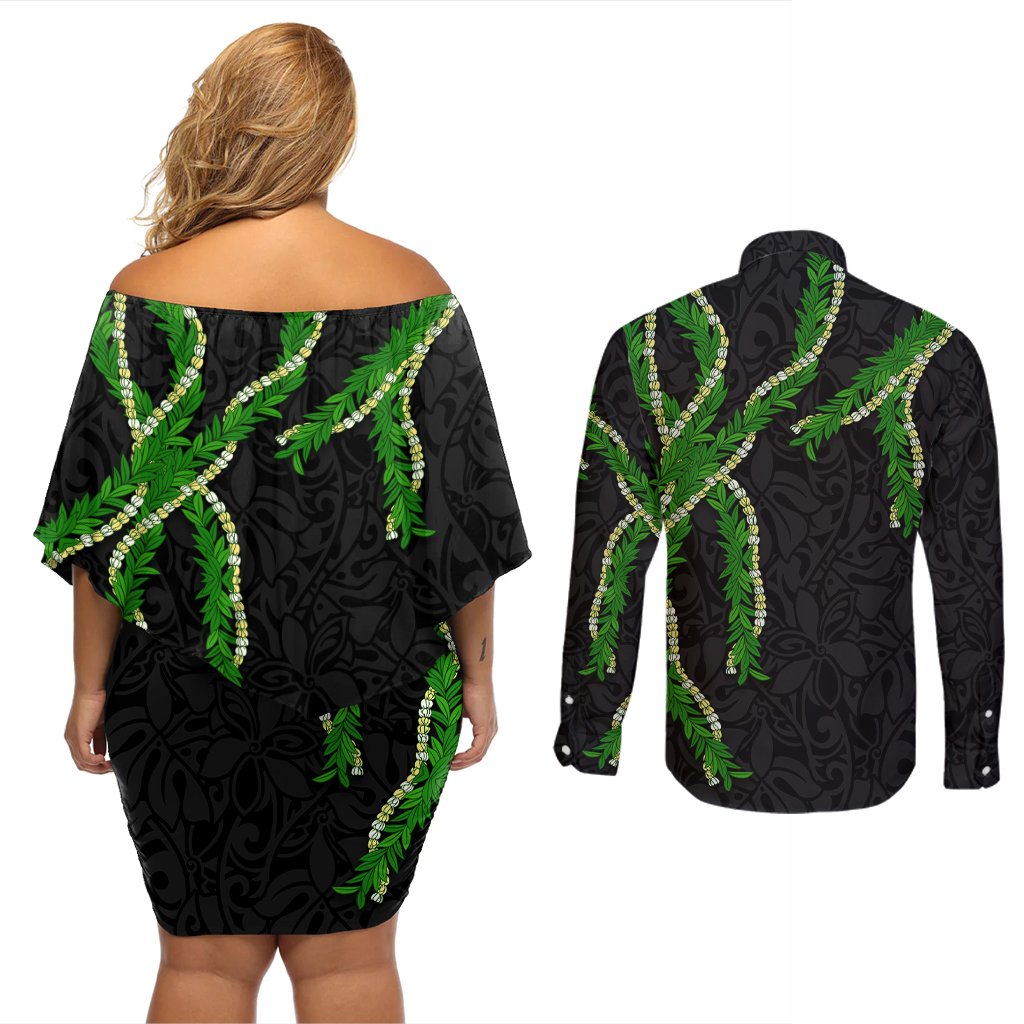 Hawaii Maile Lei Couples Matching Off Shoulder Short Dress and Long Sleeve Button Shirt Aloha Black Color LT03 - Polynesian Pride