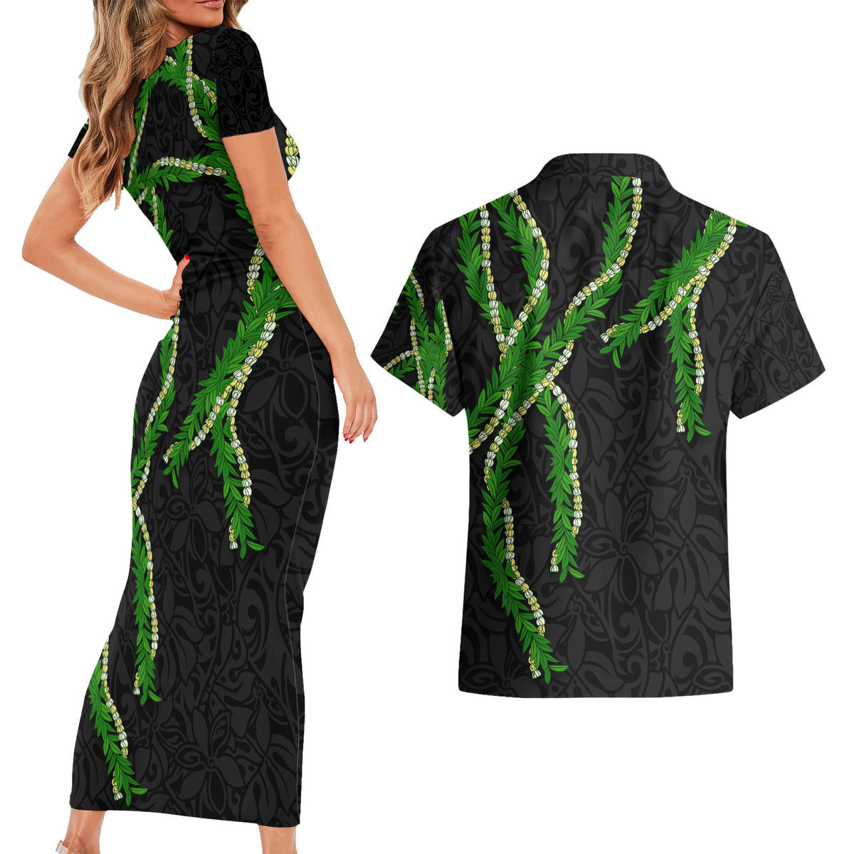 Hawaii Maile Lei Couples Matching Short Sleeve Bodycon Dress and Hawaiian Shirt Aloha Black Color LT03 - Polynesian Pride