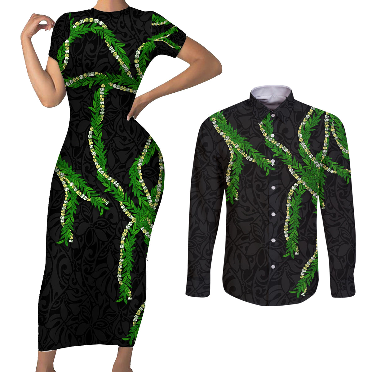 Hawaii Maile Lei Couples Matching Short Sleeve Bodycon Dress and Long Sleeve Button Shirt Aloha Black Color LT03 Black - Polynesian Pride