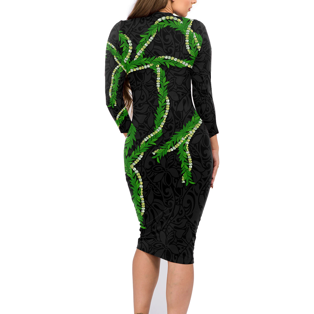 Hawaii Maile Lei Family Matching Long Sleeve Bodycon Dress and Hawaiian Shirt Aloha Black Color