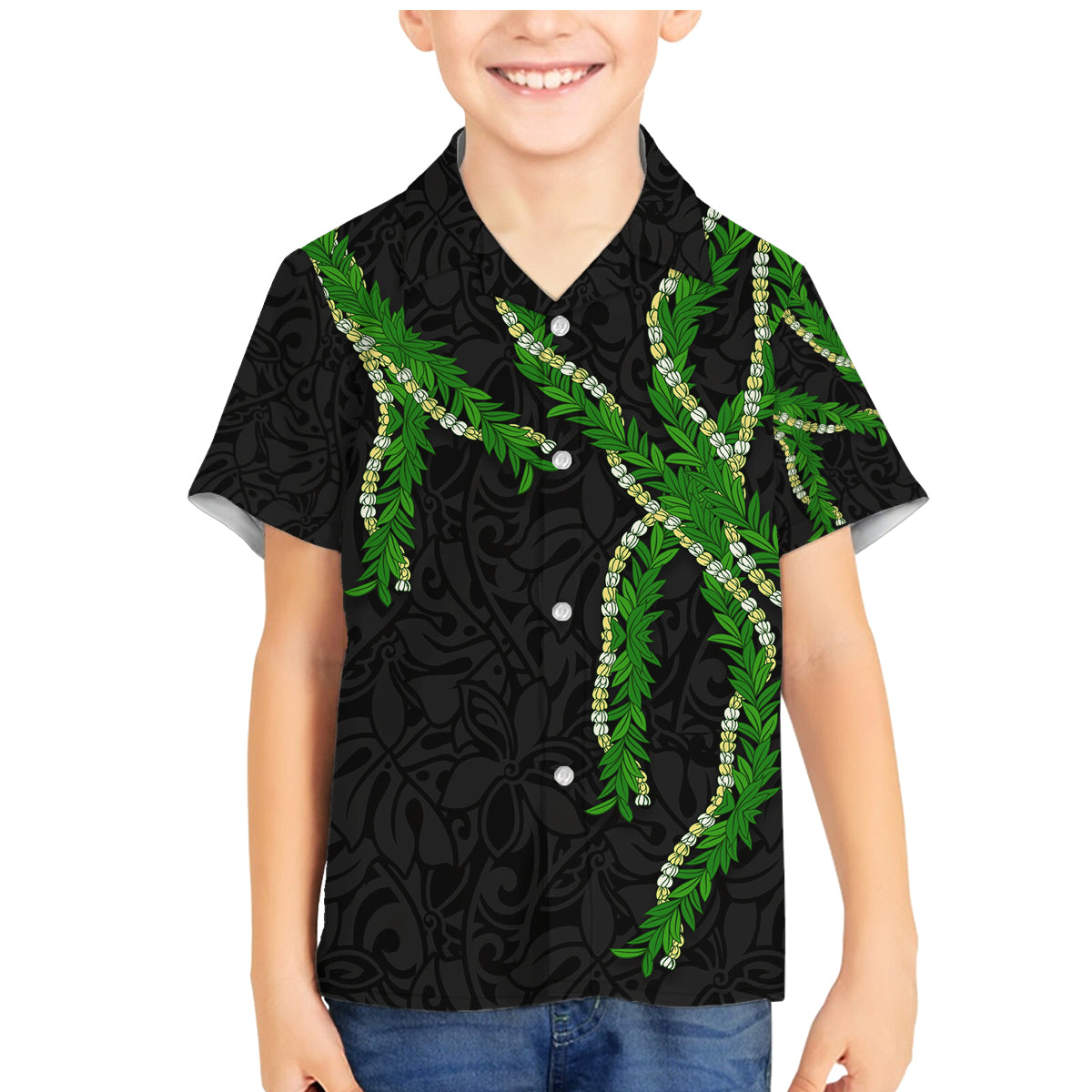 Hawaii Maile Lei Family Matching Mermaid Dress and Hawaiian Shirt Aloha Black Color