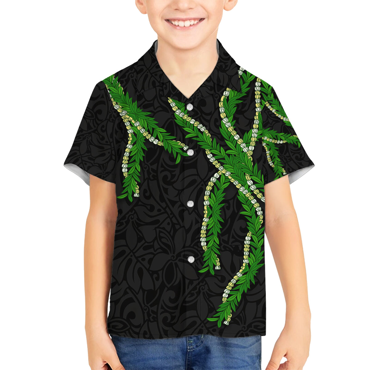 Hawaii Maile Lei Family Matching Off The Shoulder Long Sleeve Dress and Hawaiian Shirt Aloha Black Color LT03 Son's Shirt Black - Polynesian Pride