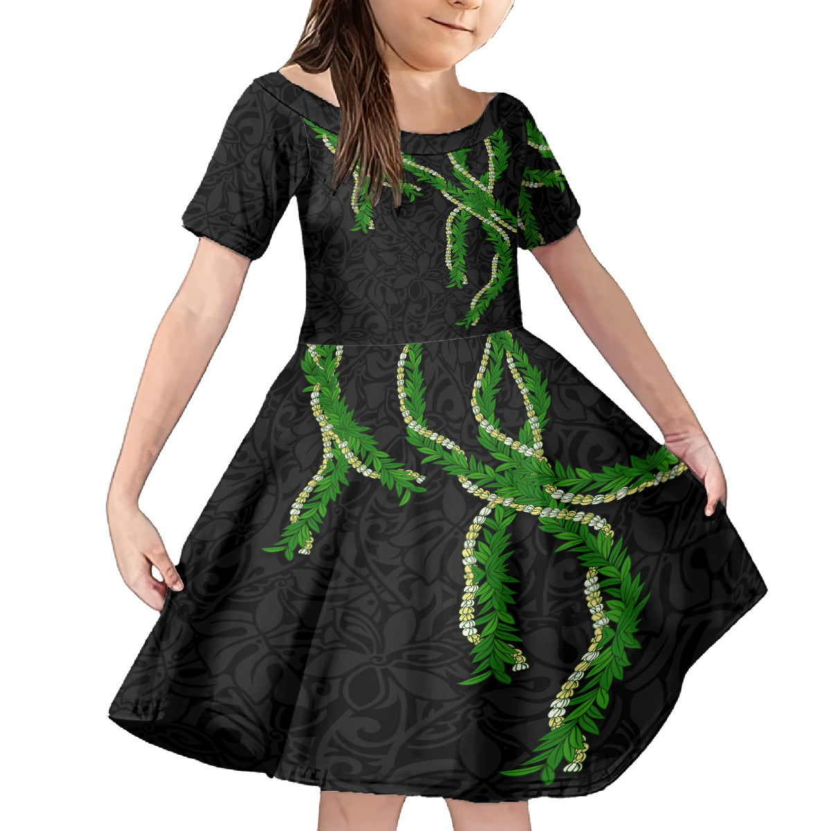 Hawaii Maile Lei Family Matching Off Shoulder Short Dress and Hawaiian Shirt Aloha Black Color LT03 Daughter's Dress Black - Polynesian Pride