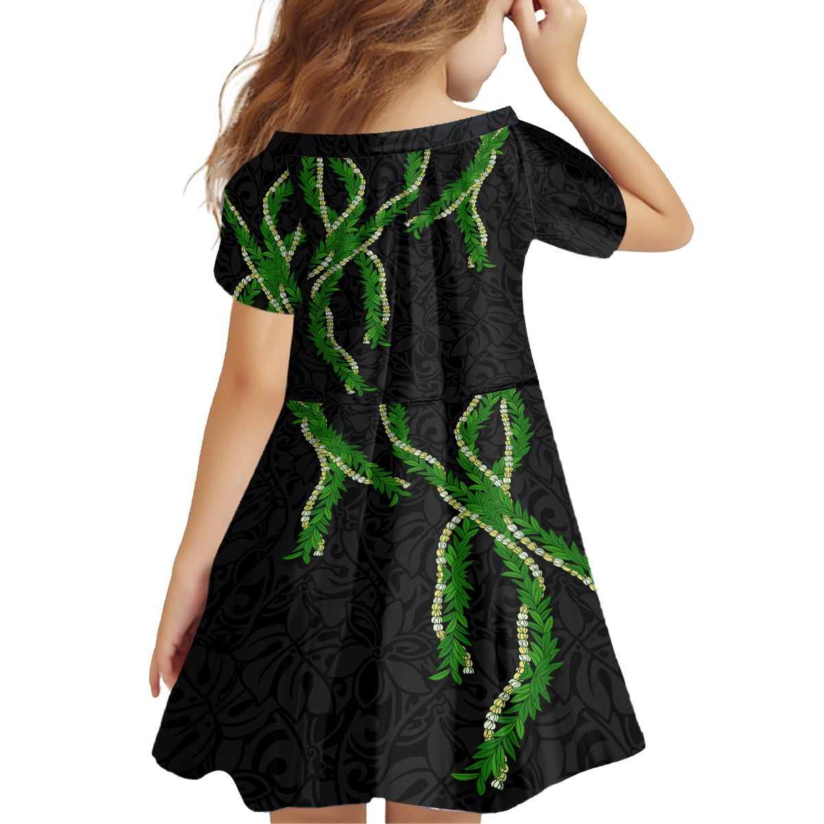 Hawaii Maile Lei Family Matching Off Shoulder Short Dress and Hawaiian Shirt Aloha Black Color LT03 - Polynesian Pride