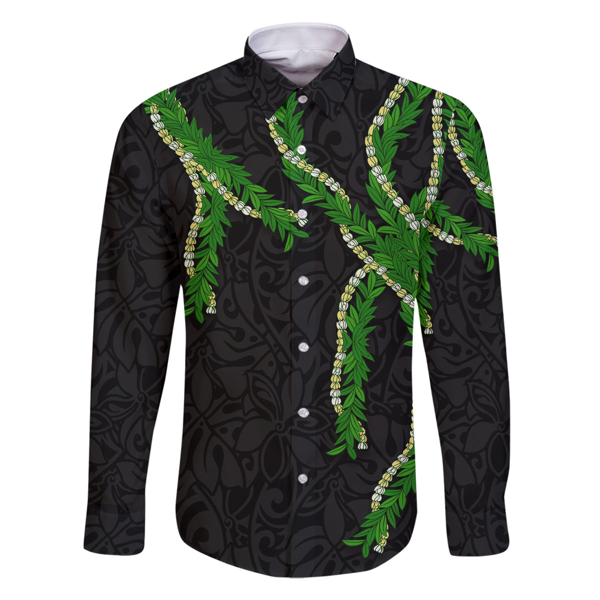 Hawaii Maile Lei Family Matching Off Shoulder Short Dress and Hawaiian Shirt Aloha Black Color LT03 Dad's Shirt - Long Sleeve Black - Polynesian Pride