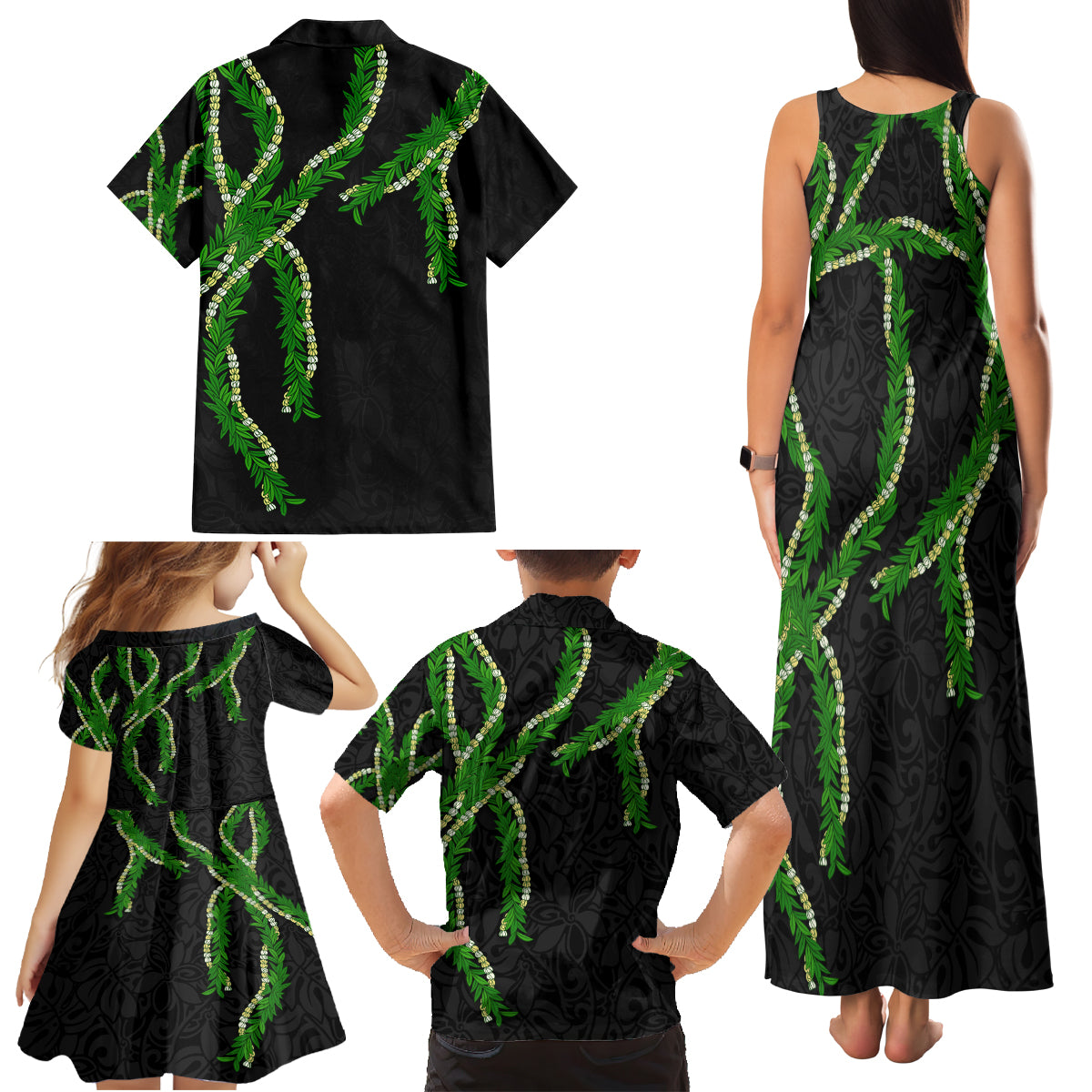 Hawaii Maile Lei Family Matching Tank Maxi Dress and Hawaiian Shirt Aloha Black Color