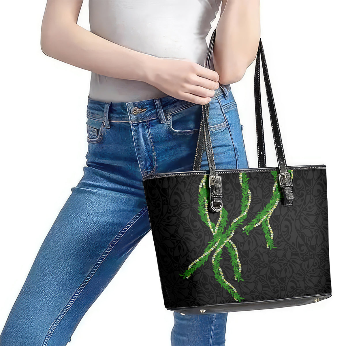 Hawaii Maile Lei Leather Tote Bag Aloha Black Color