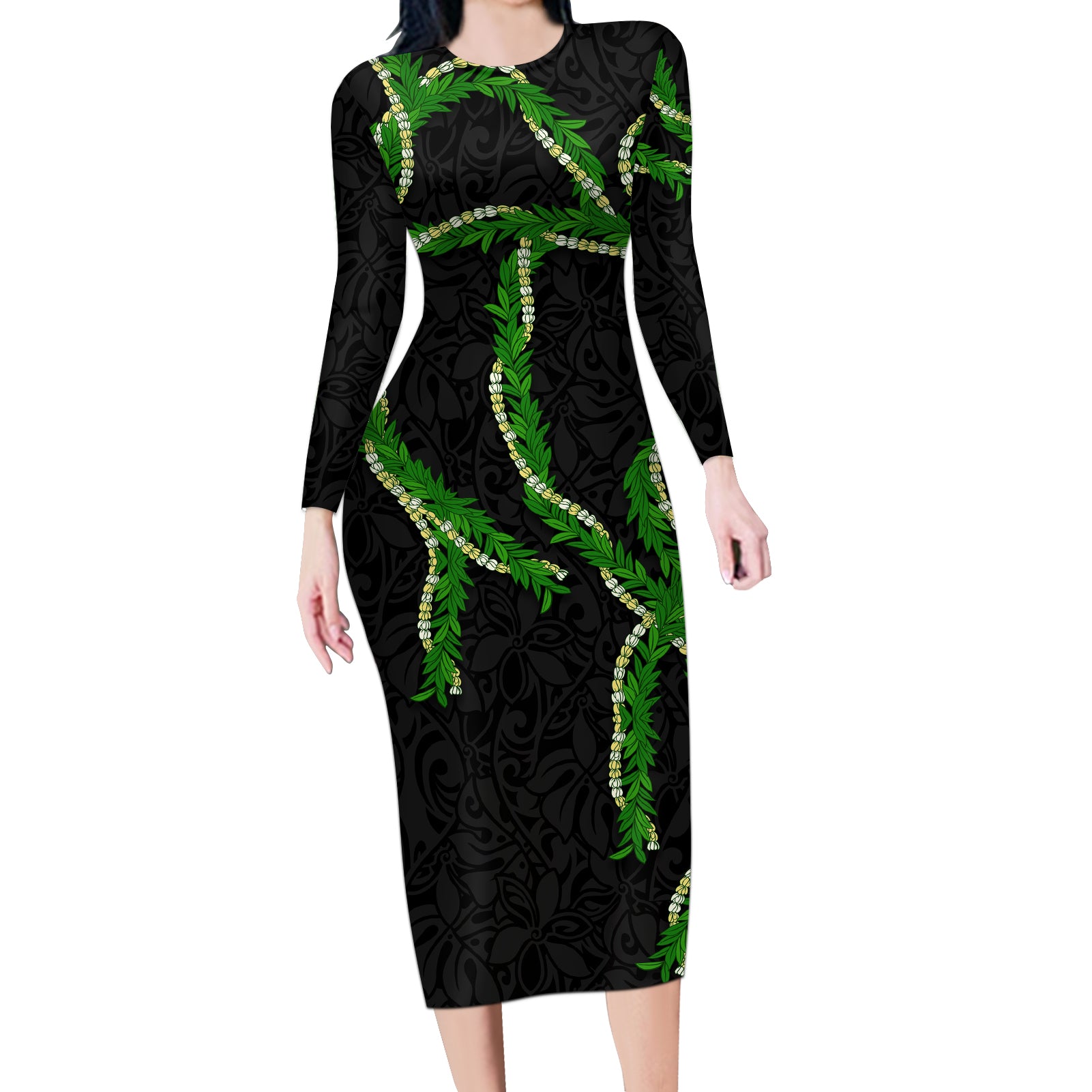 Hawaii Maile Lei Long Sleeve Bodycon Dress Aloha Black Color