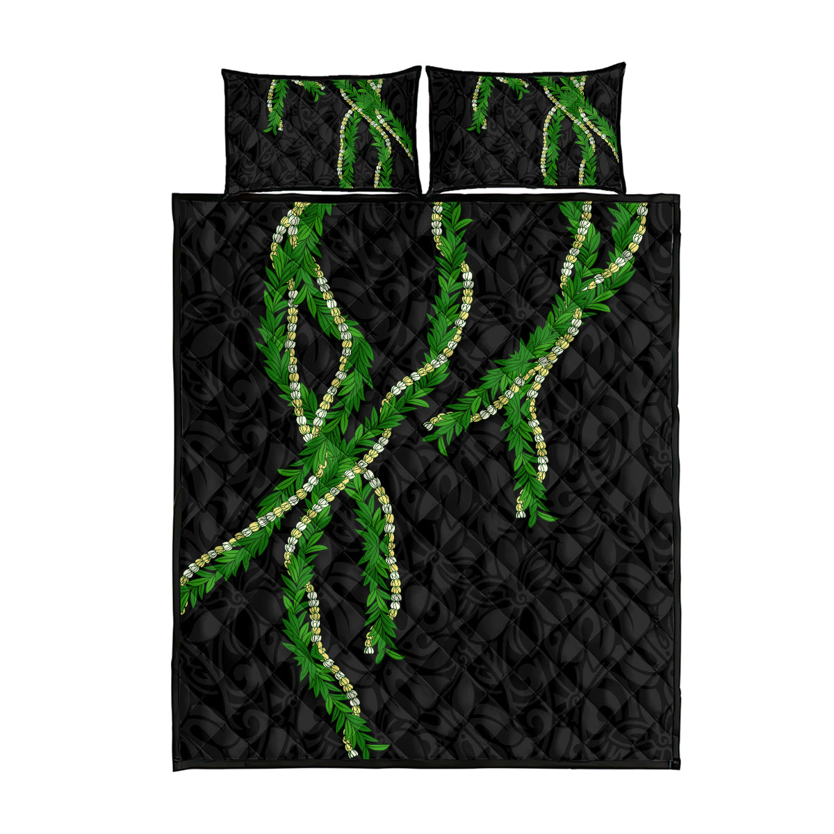 Hawaii Maile Lei Quilt Bed Set Aloha Black Color