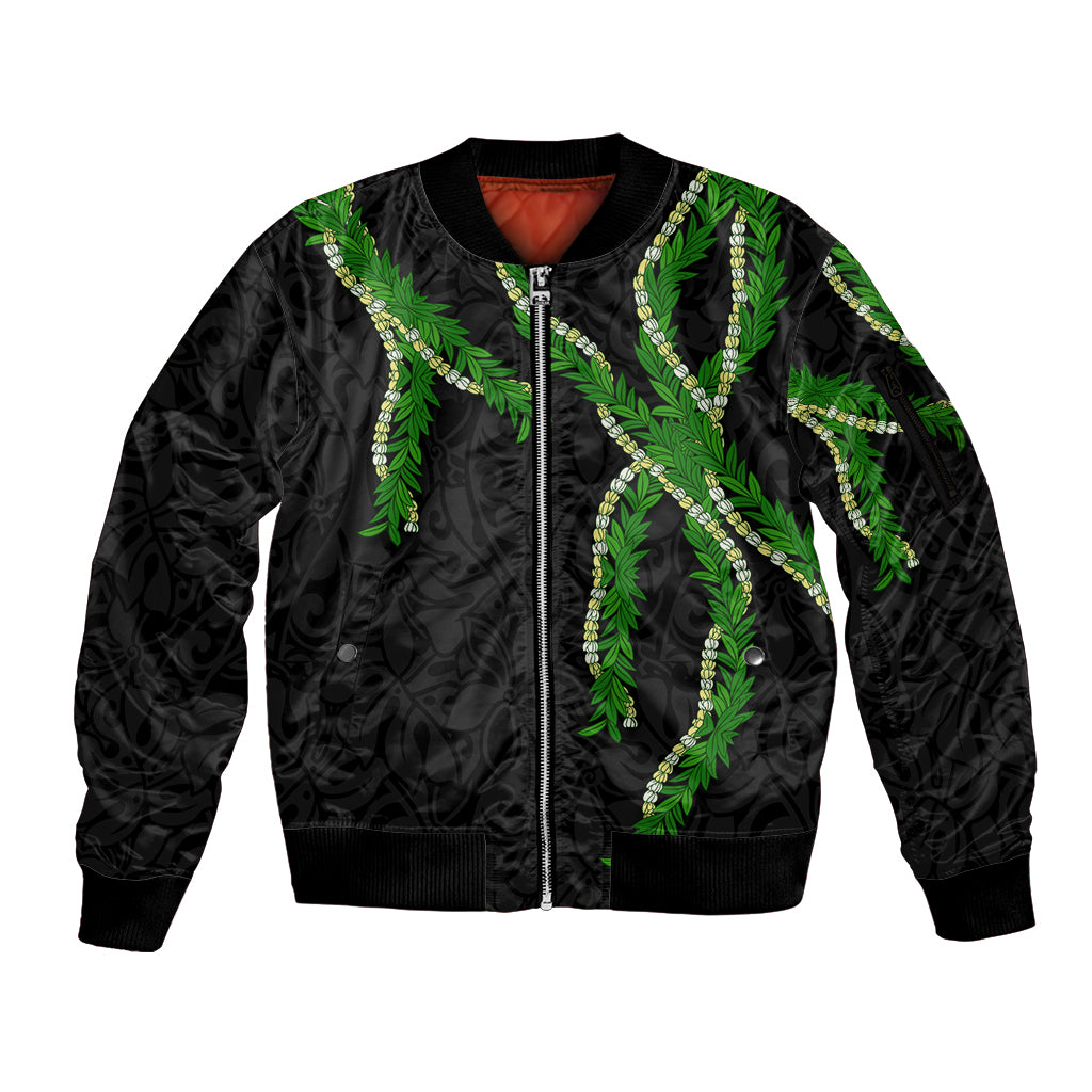 Hawaii Maile Lei Sleeve Zip Bomber Jacket Aloha Black Color LT03 Unisex Black - Polynesian Pride