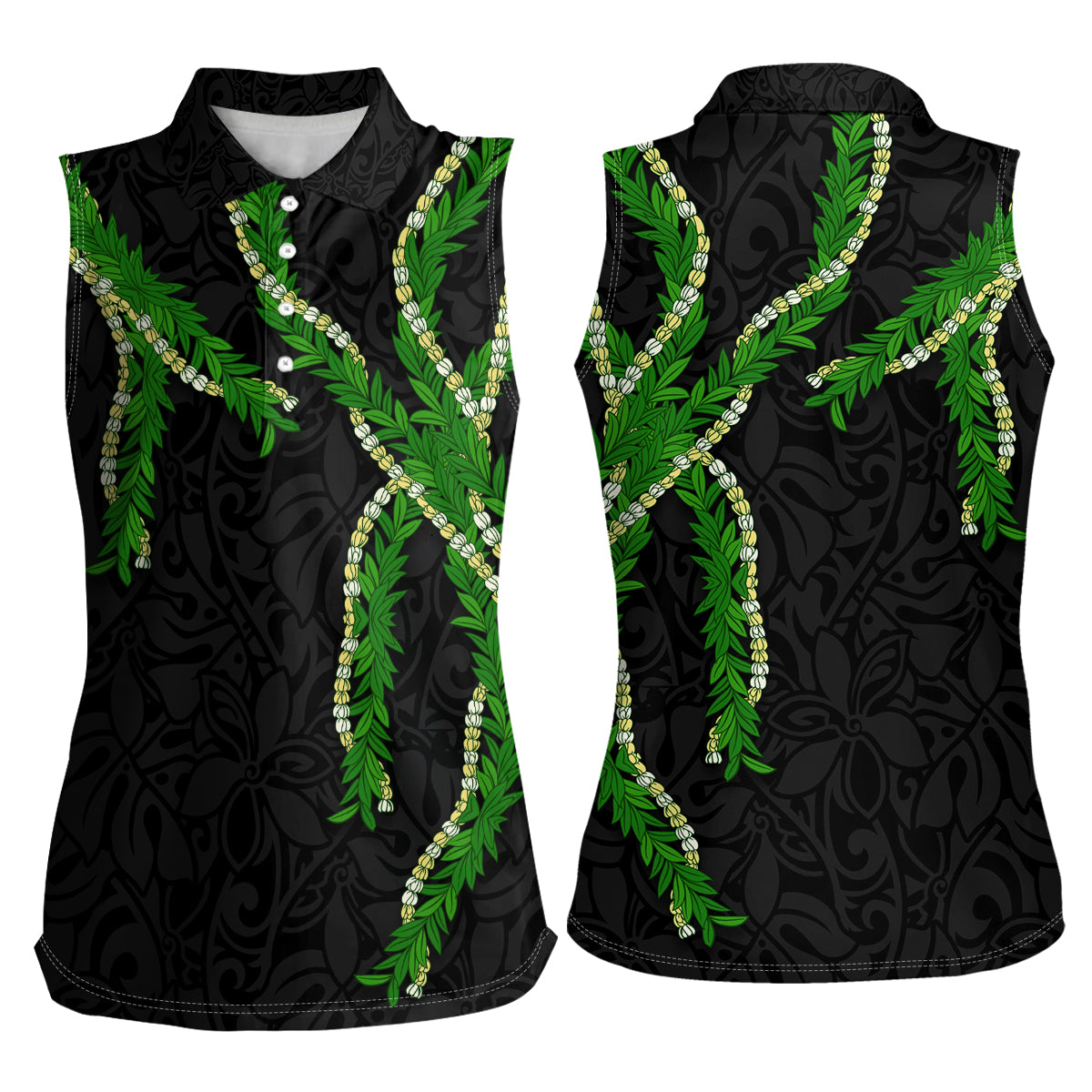 Hawaii Maile Lei Women Sleeveless Polo Shirt Aloha Black Color