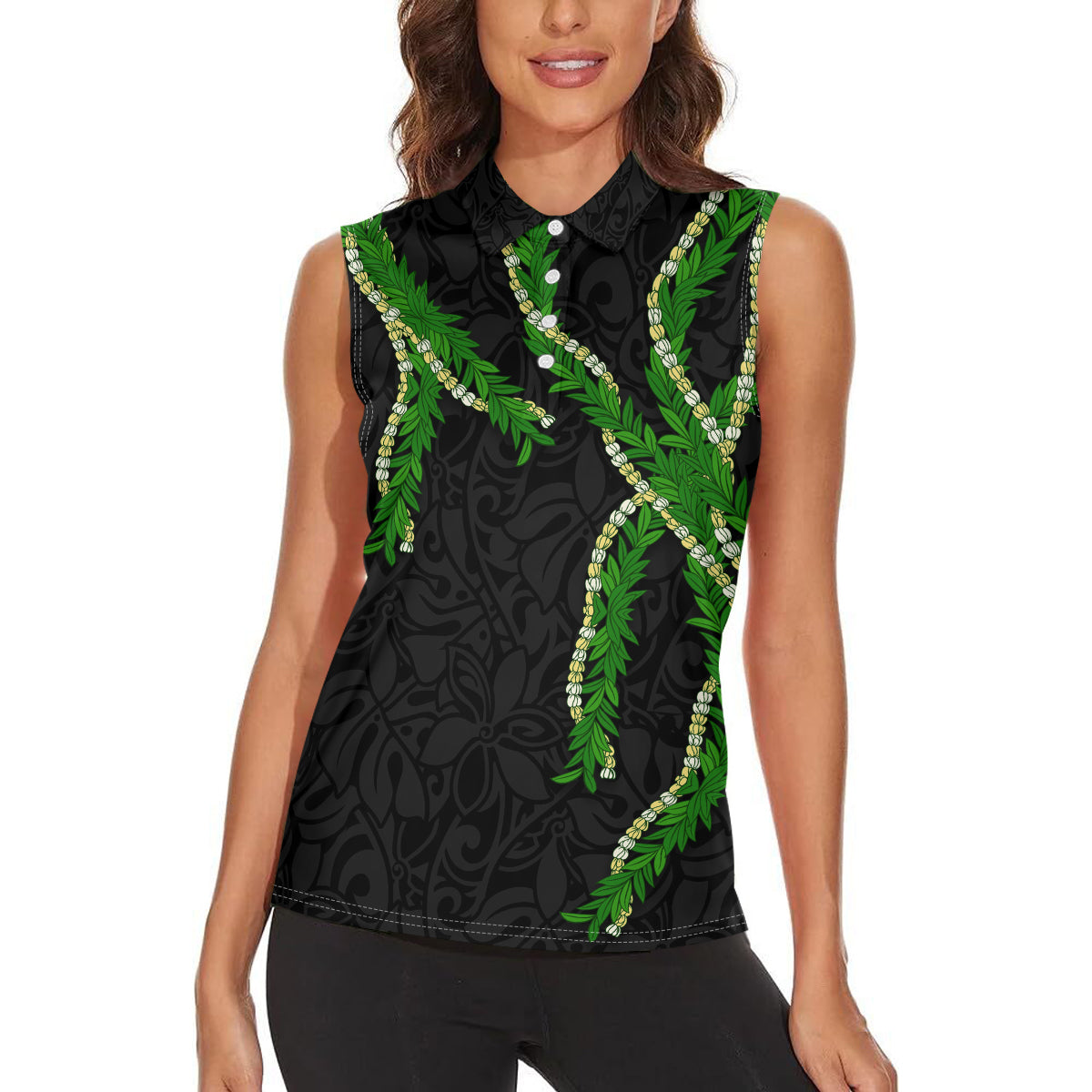 Hawaii Maile Lei Women Sleeveless Polo Shirt Aloha Black Color