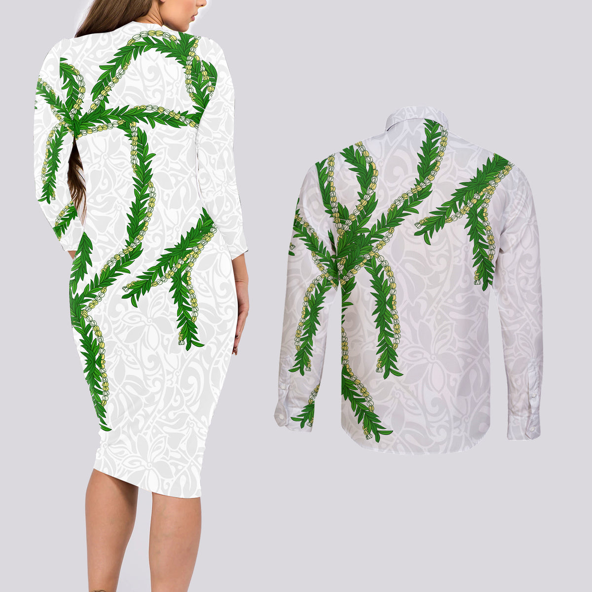 Hawaii Maile Lei Couples Matching Long Sleeve Bodycon Dress and Long Sleeve Button Shirt Aloha White Color LT03 - Polynesian Pride