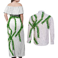 Hawaii Maile Lei Couples Matching Off Shoulder Maxi Dress and Long Sleeve Button Shirt Aloha White Color LT03 - Polynesian Pride