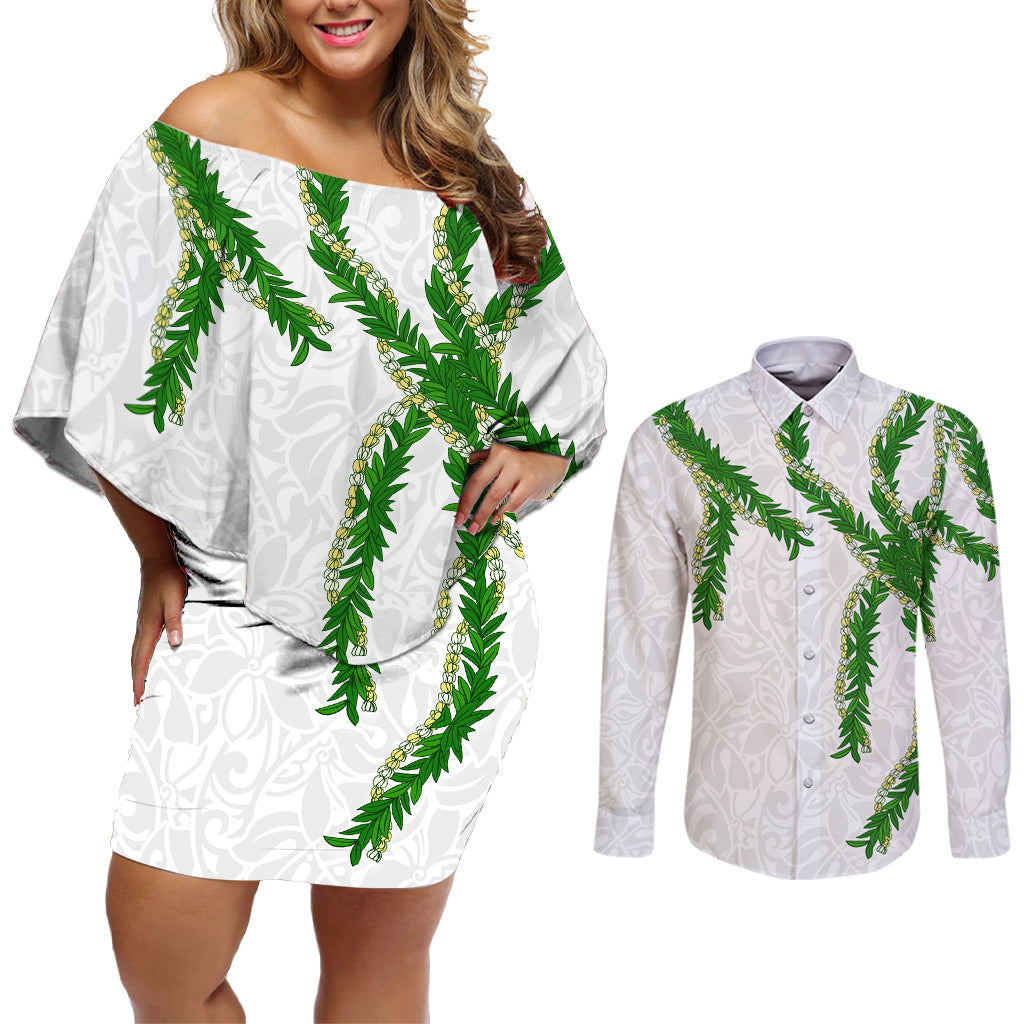 Hawaii Maile Lei Couples Matching Off Shoulder Short Dress and Long Sleeve Button Shirt Aloha White Color