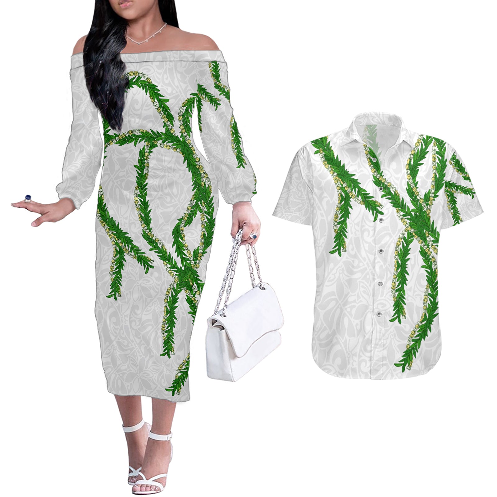 Hawaii Maile Lei Couples Matching Off The Shoulder Long Sleeve Dress and Hawaiian Shirt Aloha White Color