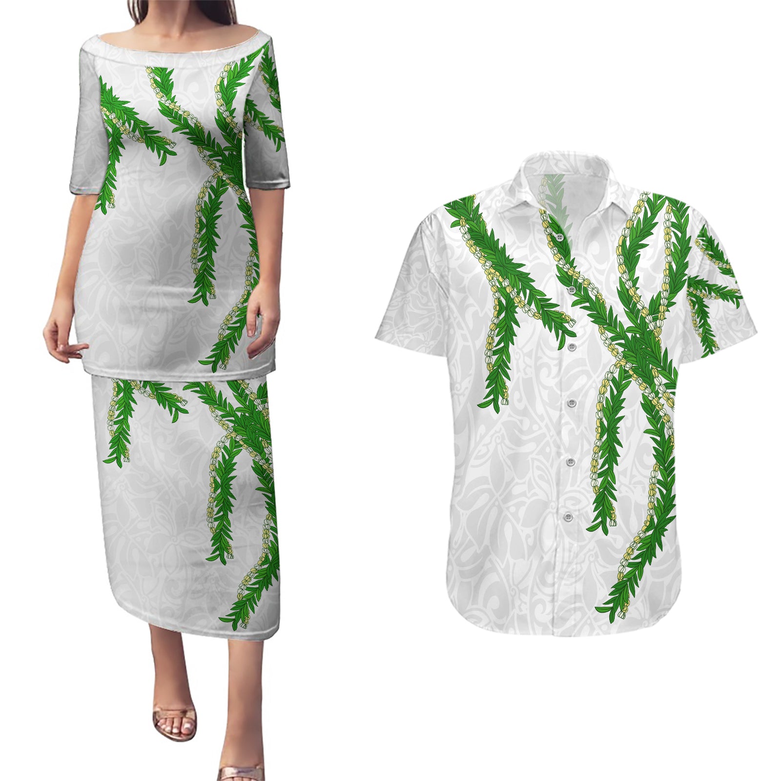 Hawaii Maile Lei Couples Matching Puletasi and Hawaiian Shirt Aloha White Color