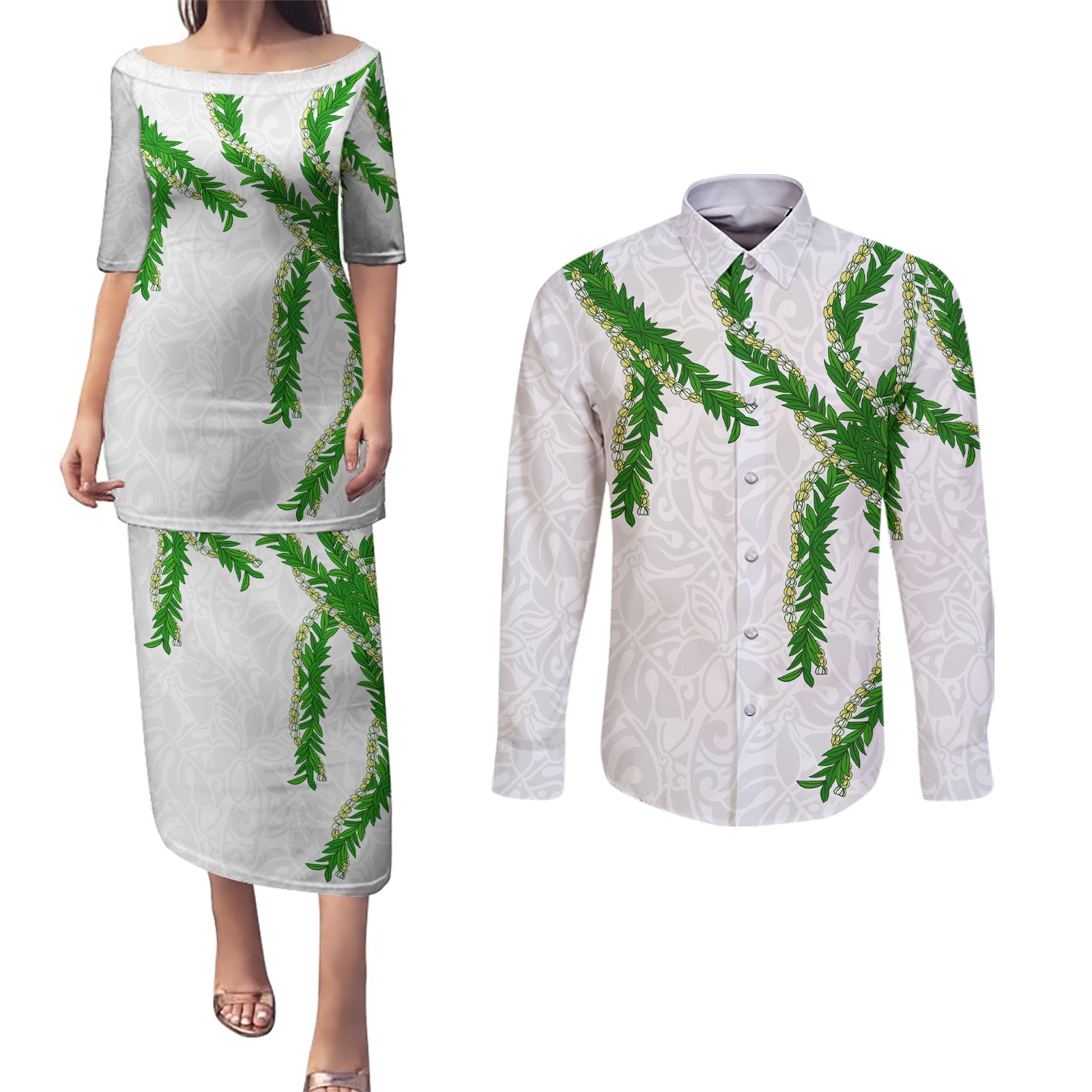 Hawaii Maile Lei Couples Matching Puletasi and Long Sleeve Button Shirt Aloha White Color