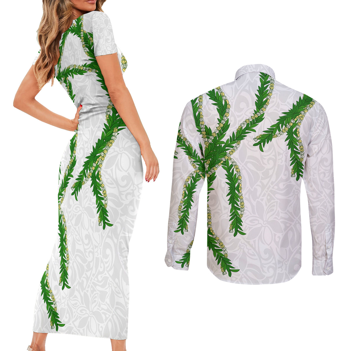 Hawaii Maile Lei Couples Matching Short Sleeve Bodycon Dress and Long Sleeve Button Shirt Aloha White Color LT03 - Polynesian Pride