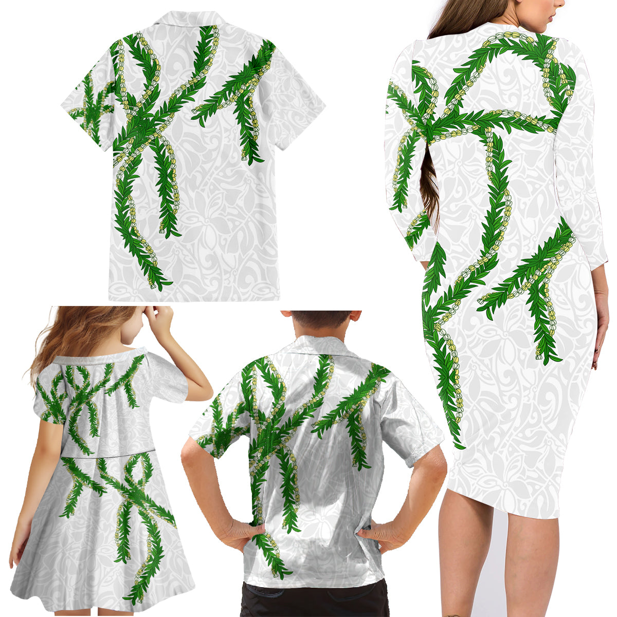 Hawaii Maile Lei Family Matching Long Sleeve Bodycon Dress and Hawaiian Shirt Aloha White Color