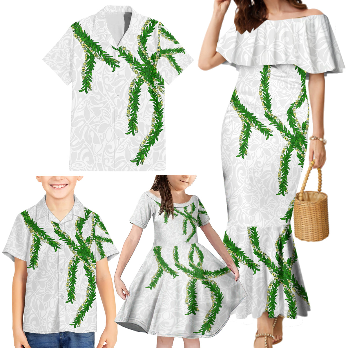 Hawaii Maile Lei Family Matching Mermaid Dress and Hawaiian Shirt Aloha White Color