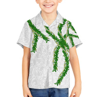 Hawaii Maile Lei Family Matching Off The Shoulder Long Sleeve Dress and Hawaiian Shirt Aloha White Color LT03 Son's Shirt White - Polynesian Pride
