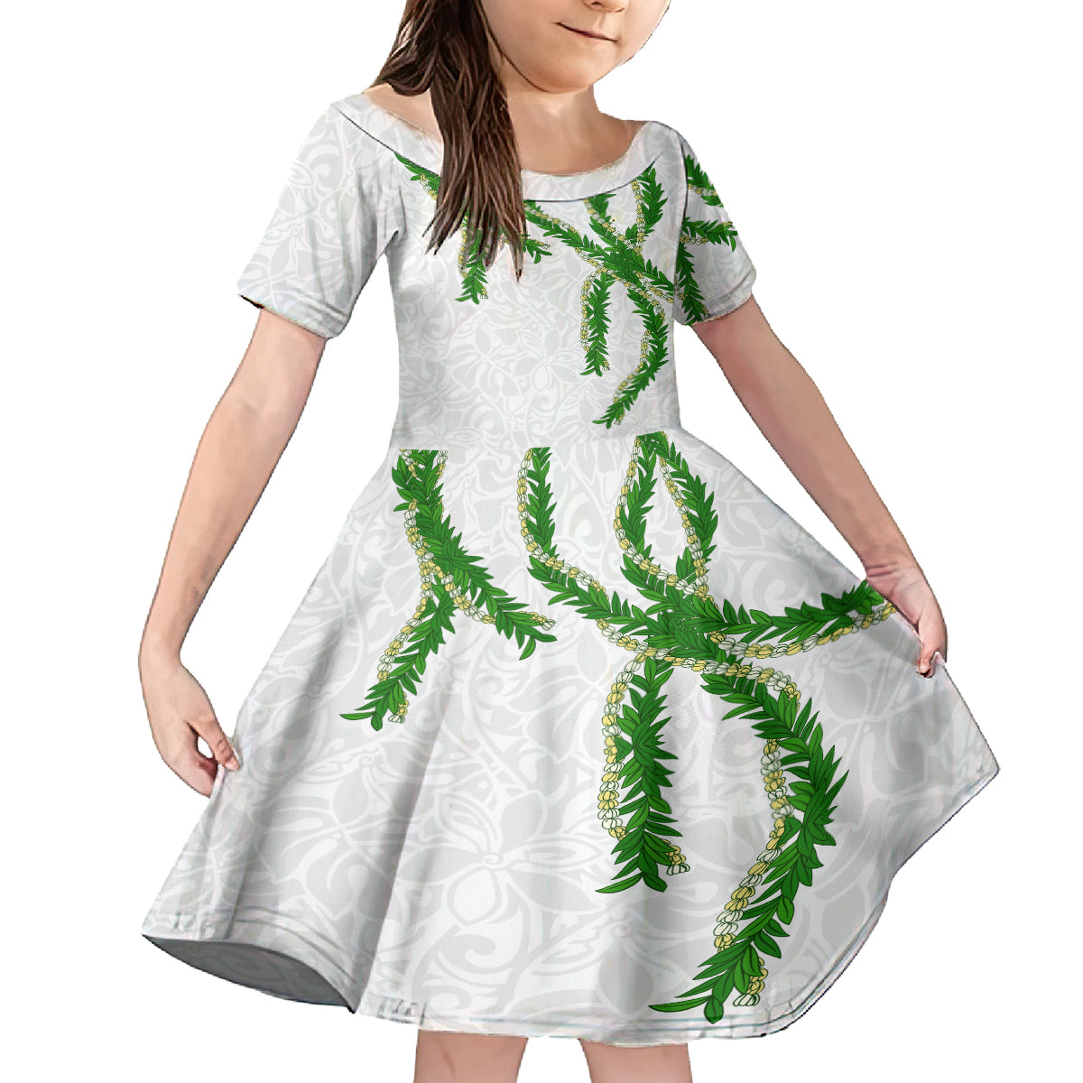 Hawaii Maile Lei Family Matching Off Shoulder Short Dress and Hawaiian Shirt Aloha White Color LT03 Daughter's Dress White - Polynesian Pride