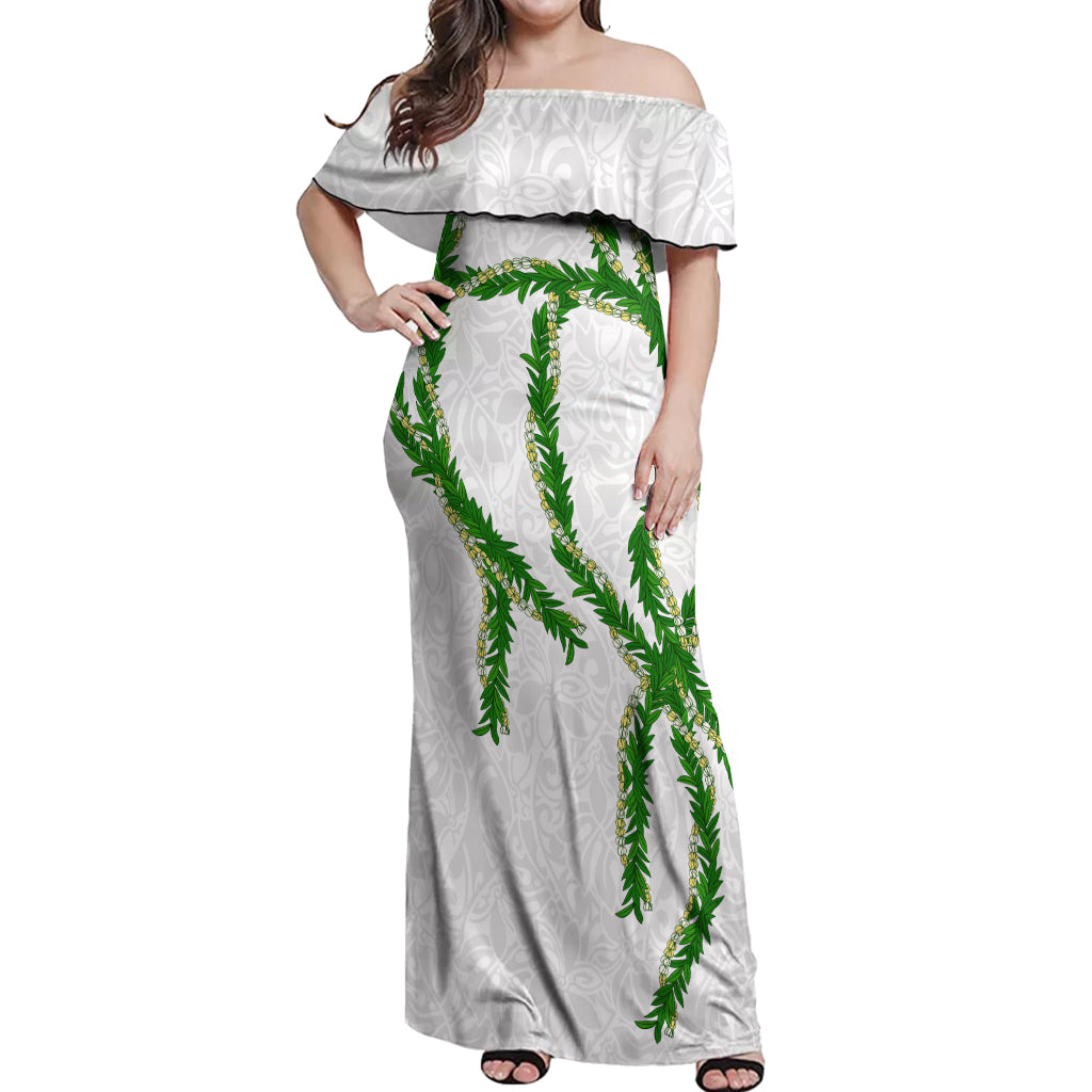 Hawaii Maile Lei Off Shoulder Maxi Dress Aloha White Color