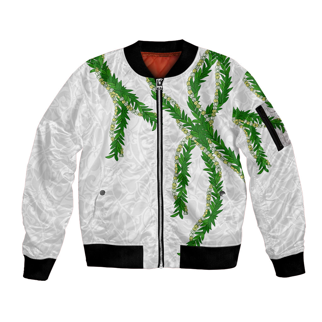 Hawaii Maile Lei Sleeve Zip Bomber Jacket Aloha White Color LT03 Unisex White - Polynesian Pride