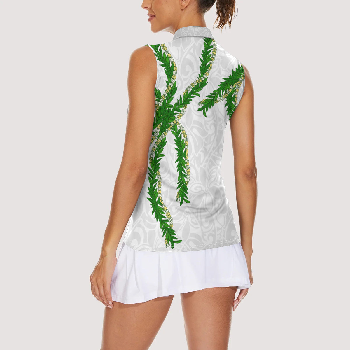 Hawaii Maile Lei Women Sleeveless Polo Shirt Aloha White Color