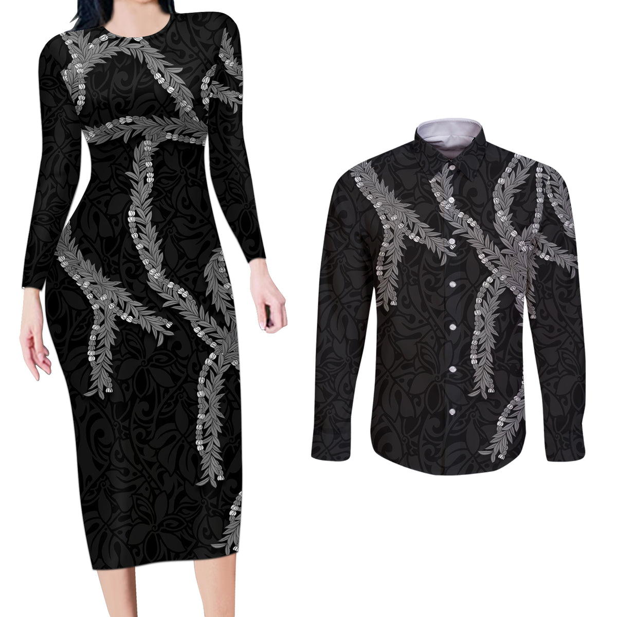 Hawaii Maile Lei Couples Matching Long Sleeve Bodycon Dress and Long Sleeve Button Shirt Aloha Grayscale Color LT03 Grayscale - Polynesian Pride