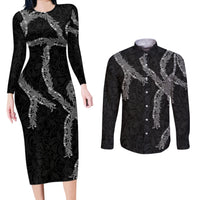 Hawaii Maile Lei Couples Matching Long Sleeve Bodycon Dress and Long Sleeve Button Shirt Aloha Grayscale Color LT03 Grayscale - Polynesian Pride