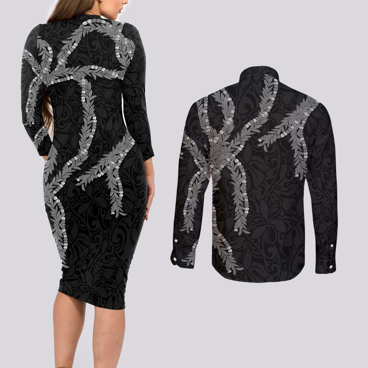 Hawaii Maile Lei Couples Matching Long Sleeve Bodycon Dress and Long Sleeve Button Shirt Aloha Grayscale Color LT03 - Polynesian Pride