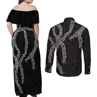 Hawaii Maile Lei Couples Matching Off Shoulder Maxi Dress and Long Sleeve Button Shirt Aloha Grayscale Color LT03 - Polynesian Pride